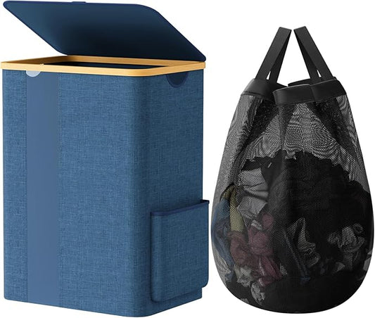 Laundry Basket Clothes Hamper with Lid and Pocket Large Collapsible Laundry Baskets with Handle, Freestanding Hampers for Bedroom Aesthetic, Dorm, Bathroom, Laundry Room (80L,Light Blue)