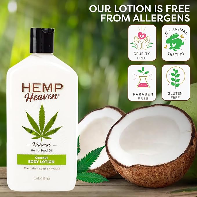 Hemp Heaven Lotion - Moisturizing Body Lotion with Natural Hemp Seed Oil & Coconut Bliss Scent, 12 oz, Paraben-Free Hemp Lotion for Women & Men, Made in USA, Soothes & Nourishes