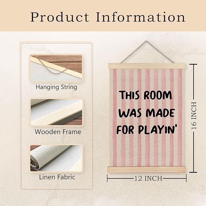 Exqcom Kids Playroom Wall Decor, Play Room Wall Art Poster, This Room Was Made for Playin Preppy Pink Striped Posters for Kids Girls Nursery Toddler Room Bedroom Playroom, 12x16 Inches