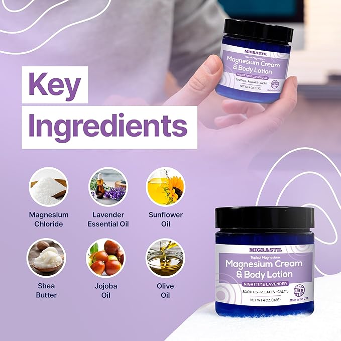 MIGRASTIL Nighttime Lavender Magnesium Cream & Non-Greasy Body Lotion. Extra Strength 250mg Magnesium Chloride for Muscle Relief, Leg Cramps, Relaxation and Sweet Sleep. Vegan, Made in the USA.