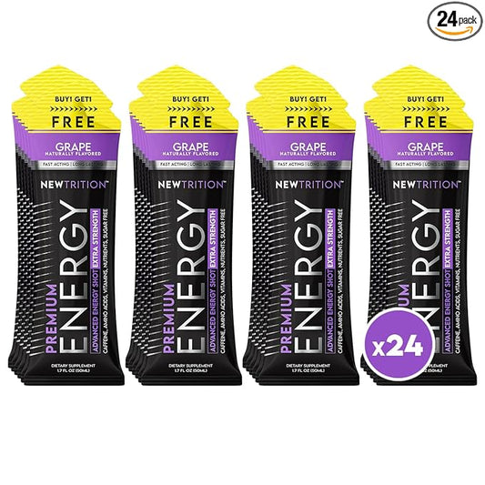 NewTrition® Extra Strength Energy Shots, 250mg Caffeine Energy Shots with Vitamin B & Amino Acids, Sugar-Free Vitamin Energy Shot, 1.7 fl oz (Pack of 24, Grape)