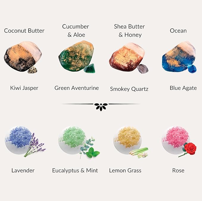 Gemstone Soap & Bath Bomb Set- Relaxing Spa Gift for women- Mothers day gift set- 4 Decorative scented Rock Soap with Crystals and 4 Fizzy Bath Bomb- with Natural Ingredients & Essential Oil