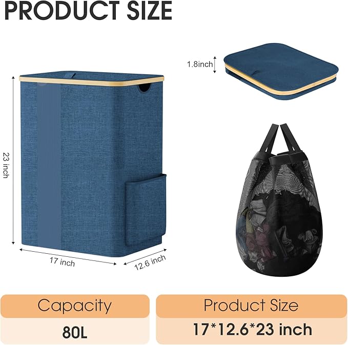Laundry Basket Clothes Hamper with Lid and Pocket Large Collapsible Laundry Baskets with Handle, Freestanding Hampers for Bedroom Aesthetic, Dorm, Bathroom, Laundry Room (80L,Light Blue)