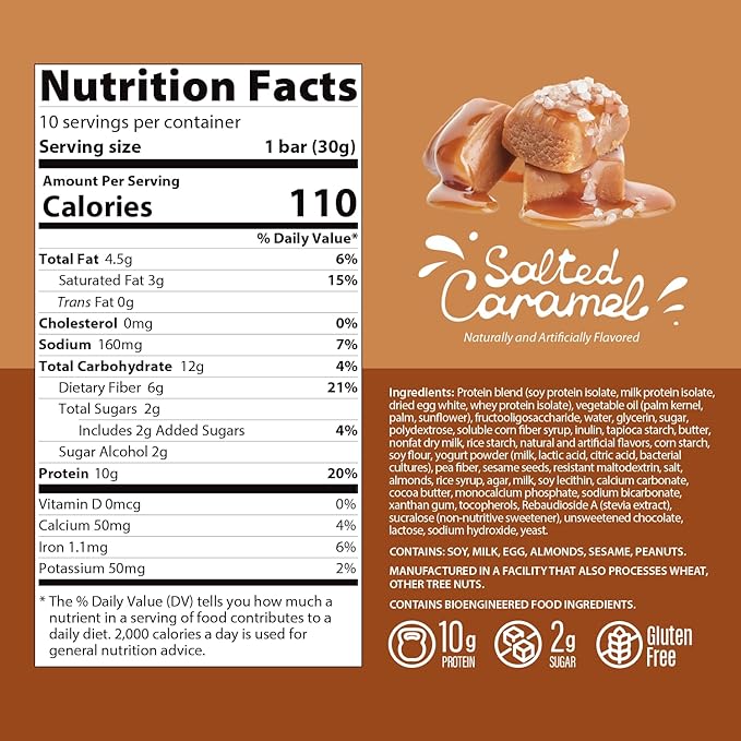 Genius Gourmet Crispy Protein Treat, Salted Caramel, Keto Snack, Low Carb, Low Sugar & Gluten Free, Protein Snacks for Adults, 10G of Whey Protein per Protein Bar, 5 Net Carbs, On The Go Snack, 10 CT