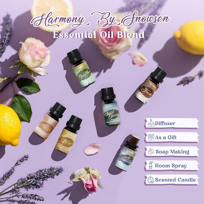 Essential Oil Blends, Harmony Essential Oil Set - Breathe, Sweet Dream, Relax, Happy, Focus, Air Freshening, Essential Oils for Diffusers for Home, Candle Making, Freshie Scents, Aromatherapy