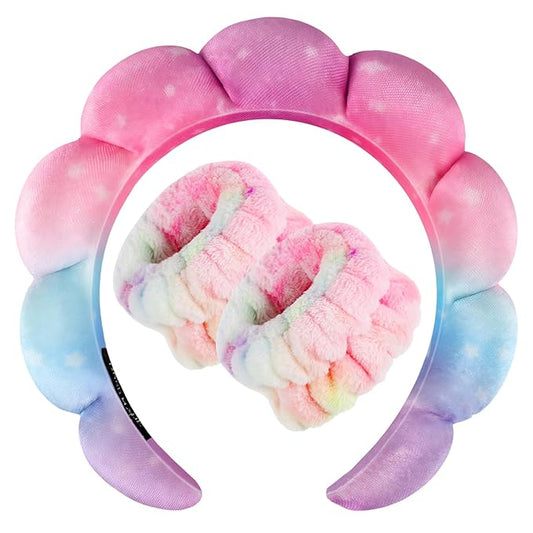 Zkptops Spa Headband for Washing Face Wristband Set Sponge Makeup Skincare Velvet Fabric Bubble Soft Get Ready Hairbands for Women Puffy Headwear Non Slip Thick Thin Hair Accessory(Star)