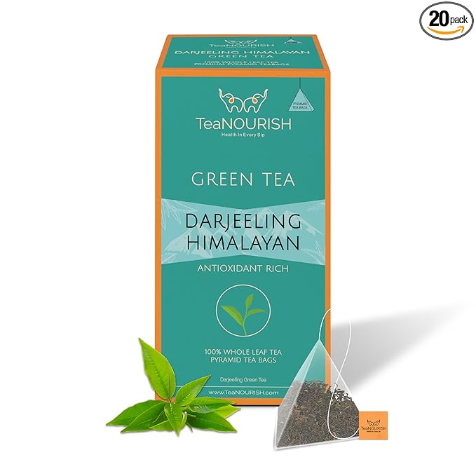 TeaNOURISH Darjeeling Himalayan Green Tea | 20 Count Pyramid Tea Bags | Whole Leaves | Relaxing & Stress Relief Tea | Immune Support