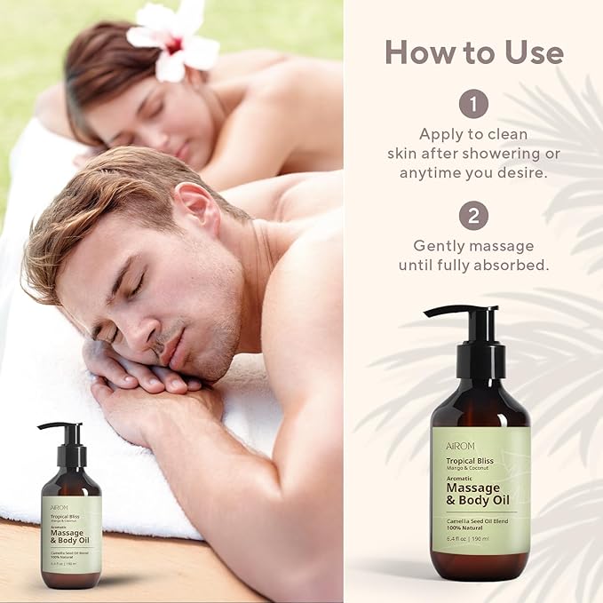 AiROM Mango & Coconut Massage Oil for Massage Therapy – Tropical Bliss - Scented Body Oil for Women – Hypoallergenic, Relaxing Aromatherapy, Non-Greasy, Nut-Free - 6.4 fl oz