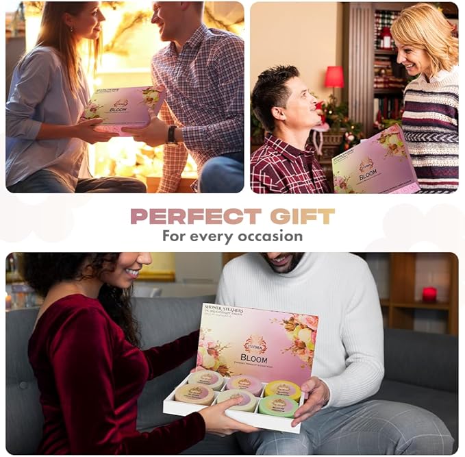 Shower Steamers Gift Set – 6 Aromatherapy Scents for Women & Men – Bloom Collection – Essential Oil Shower Bombs for Relaxation, Stress Relief & Self-Care – Spa Gift for Her or Him