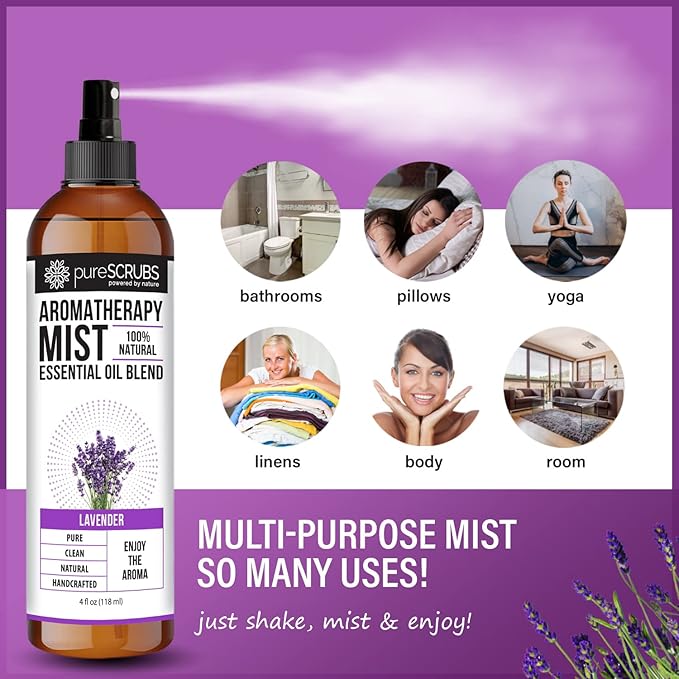 Shake, Mist & Enjoy - pureSCRUBS Premium Lavender Aromatherapy Spray Mist for Room, Body, Linens, Pillows 100% Natural Essential Oils Plant Based Formula, One 4oz Bottle