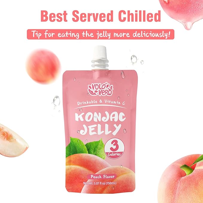 VOLO VERO Konjac Jelly Squeeze Pouch Peach Flavor, Low Calories (3 Kcal), 10 Packs, Gluten Free & Vegan, 0 Sugar, Keto, Low Carb, Drinkable Vitamin C Healthy Fruit Snacks, Holiday Gifts