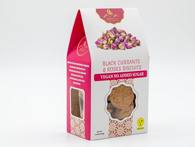 Ambrozia Vegan Snack Biscuits – Blackcurrant & Rose - Soft Baked, No Added Sugar, Clean Label, High Fiber & Wholesome Ingredients, Kid-Friendly, Healthy Snacks for Active Lifestyles, 4.58 Oz