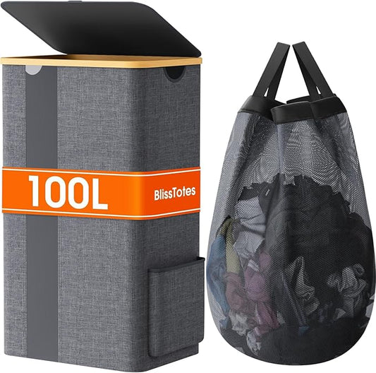 Laundry Basket Clothes Hamper with Lid and Pocket Large Collapsible Laundry Baskets with Handle, Freestanding Hampers for Bedroom Aesthetic, Dorm, Bathroom, Laundry Room (100L,Light Grey)