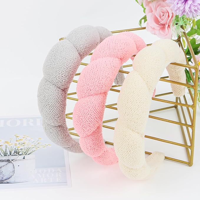 WHAVEL 3 Pack Spa Headband Skincare Headbands, Makeup Headband Sponge Terry Cloth Headbands Face Wash Headband Puffy Hair Band for Washing Face Women Girls (Gray, Khaki, Pink) (TCH-05)