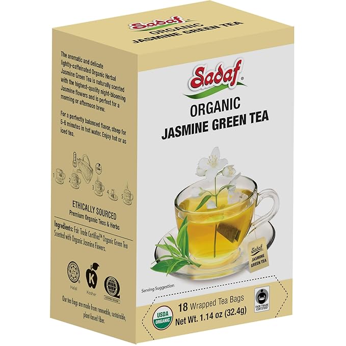 Sadaf Organic Jasmine Green Tea - Jasmine Tea Bags - Jasmine Flower Tea - Halal - Kosher - 18 Wrapped Tea Bags