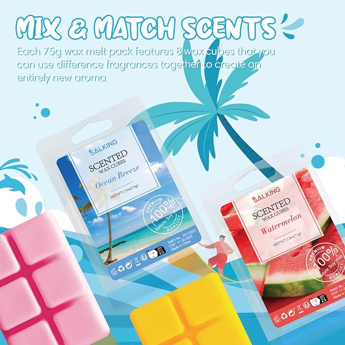 SALKING Summer Scented Wax Melts, Soy Wax Melts Gift Set, Wax Cubes/Tarts for Warmer - Ocean Breeze, Coconut, Mojito, Vanilla Ice Cream, Pineapple, Watermelon, Pink Sands, Night, 8x2.6 oz