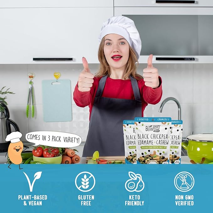 BeanVIVO Healthy Snacks for Adults & Kids with 7g Protein & 5g Fiber per Serving with Dried Edamame, Roasted Cashew and Chickpeas - Vegan & Gluten Free - Keto Friendly & Non-GMO - 3-Pack (4.5 oz Each Pouch)