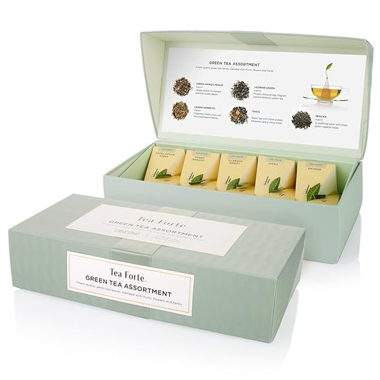 Tea Forte Assorted Green Tea Petite Presentation Box Tea Gift Set Sampler, 10 Count, 2 of Each Variety Individually Wrapped Handcrafted Pyramid Infuser Bags