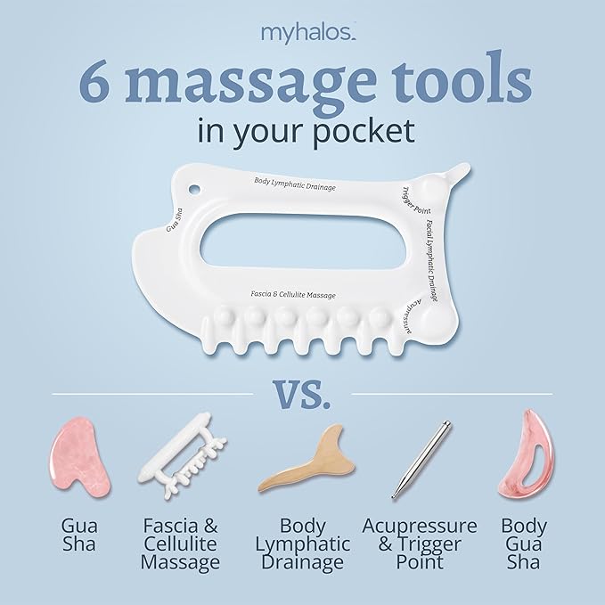MyHalos 6-in-1 Ceramic Body Gua Sha Facial Tools - Lymphatic Drainage Tool, Face Sculpting Tool & Acupressure tool - Body Guasha, Trigger Point Massage Tool for Fascia Massage and Cellulite