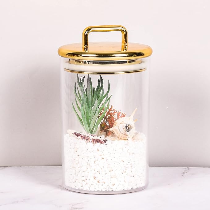 24 oz Medium Acrylic Storage Apothecary Jar with Gold Airtight Lid | Bathroom Vanity Organizer Containers | Ideal Decorative Canisters for Shells, Bath Salt, Grains, Cotton Ball, Flossers