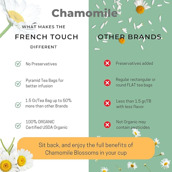 The French Touch Chamomile Tea ORGANIC | 1.5g x 30 Pyramid Bags |100% Certified USDA Organic | Plant based tea bags | Select Premium Tea | Whole Flower (Chamomile) | Caffeine-free