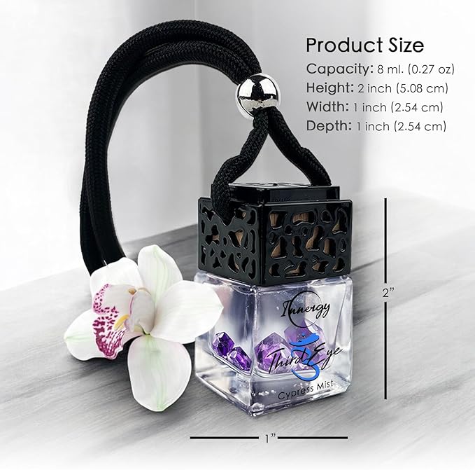 Innergy Third-Eye Chakra Crystal Infused Car Air Freshener - Portable 8 ml. Hanging Essential Oil Diffuser for Vehicle, Long-Lasting Fragrance, Eco-Friendly Design, Freshness On The Go!