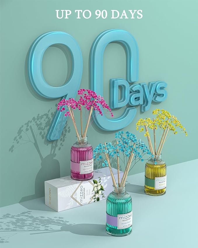 MIZZEO Reed Diffuser Set, Fresh Linen 6.76 fl oz Highly Scented Room Diffuser Home Fragrance Essential Oil Reed Flower Diffuser, House Bedroom Office Decor & Gifts