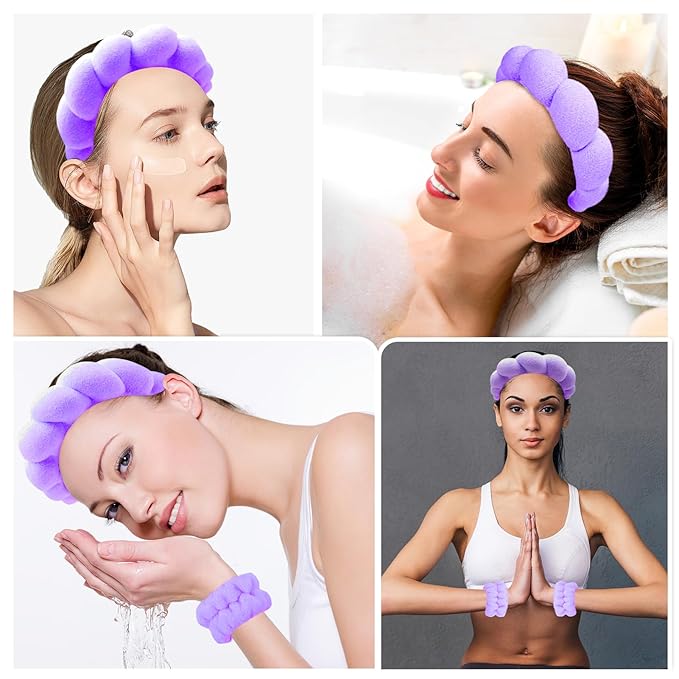 Zkptops Spa Headband for Washing Face Wristband Set Sponge Makeup Skincare Headband Terry Cloth Bubble Soft Get Ready Hairband Women Girl Puffy Padded Headwear Non Slip Thick Hair Accessory(Violet)
