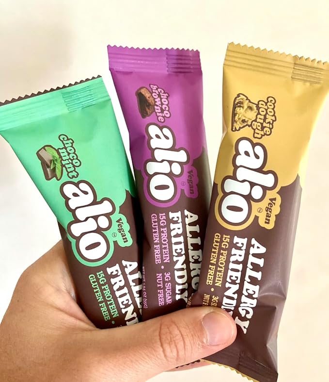Alio Protein Bars - 3-Flavor Combo Box (12 Bars) – Free From The Top 9 Food Allergens, High Protein, Low-Calorie, Vegan, Gluten-Free, Nut-Free, Non-GMO, Plant-Based, Seed Oil Free, Delicious & Healthy Snack