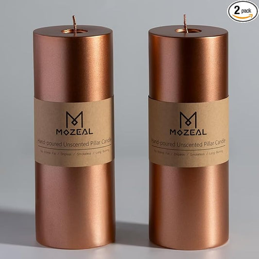 MOZEAL 3" x 8" Hand-Poured Unscented Large Candle, Smokeless Rustic Pillar Candle Set of 2, Slow Burn, No Drip, Approx 150 Hours Burning, Wedding, Dinner, Fall and Home Decorative, Tall Copper Candle