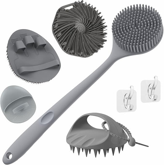 Manmihealth Silicone Back Scrubber & Soft Bath Glove, Silicone Scalp Massager Set 5 PCS, Super-Exfoliating Body Scrubber Shower Brush & Shampoo Brush Combination, with 2 Free Hooks (Style 2 Gray)