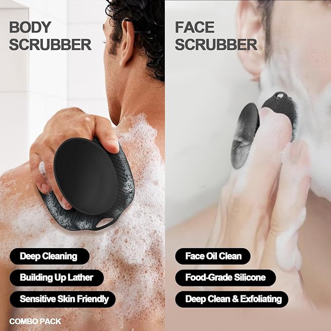 Soft Silicone Body Scrubber, Gentle Like a Hand Exfoliating Your Skin and Build Up Lather, Back Large Suction Cup Easy to Store, & Deep Clean (Body Scrubber + Face Scrubber Black)