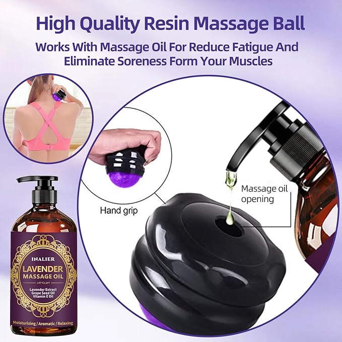 Massage Oil for Massage Therapy,Lavender Oil with Massage Roller Ball & Thumb Saver Massager,SPA Relaxing Massage Oi for Soothing,Massage Kit Spa Gifts for Him Her,Gifts for Men Women