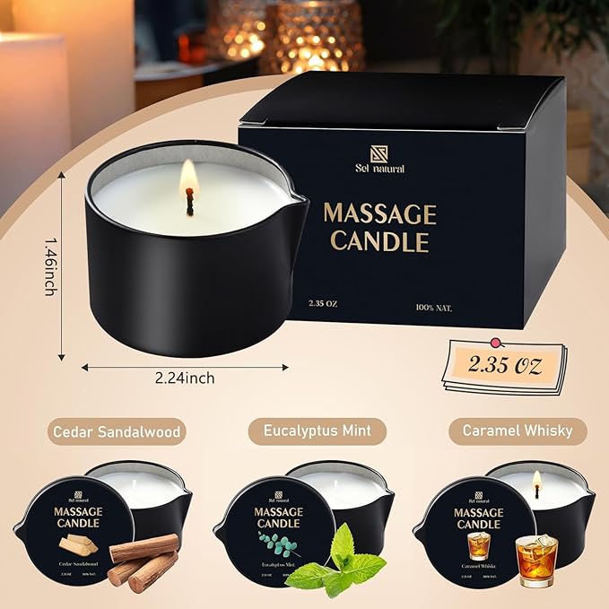3 Pack Soy Massage Oil Candles Low Temp Massage Candles 3 Scent Spa Therapy Body Oil Home Gift for Relaxation, Couples, or Self-Care (Eucalyptus Mint, Cedar Sandalwood, Caramel Whisky)
