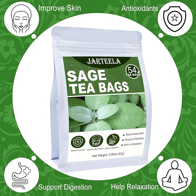 Jarteela - Sage Tea Bag, 1.5g x 54 Count - Natural Sage Leaf Salvia Officinalis Tea Bag - Non-GMO - Caffeine-free Herbal Tea -Support Digestion & Healthy Skin