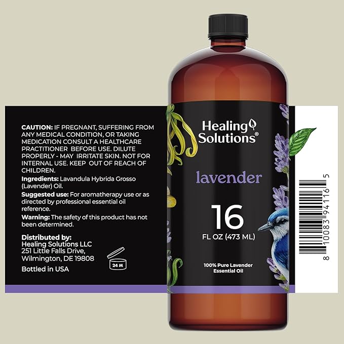 Healing Solutions Lavender Essential Oil Bulk, 16oz - 100% Pure Bulk Lavender Oil for Diffuser, Skin, Spray, Laundry - for Lavender Oil Spray - Lavender Oil for Cleaning - Aromatherapy Diffuser Oil