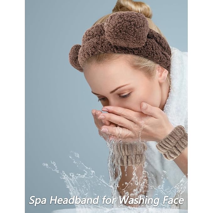 VELSCRUN Spa Headband, Makeup Face Wash Skincare Headbands, 5 Pcs Sponge Get Ready Bear Ears Hairband Facial Wristband Hair Clip Set, Stuff for Teen Girls Women Trendy Hair Accessories Dark Brown