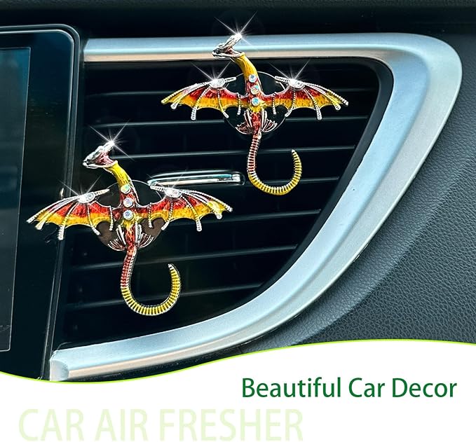 Dargon Car Accessories,Fire Dragon Air Vent Clips Car Air Freshener,2pcs Bling Red Yellow Enamel Wyvern Dashboard Decorations,Refillable Outlet Diffuser