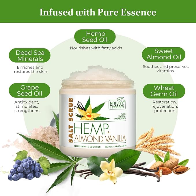 Natural Therapy Hemp & Almond Vanilla Salt Scrub – Exfoliating Body Scrub for Women – Moisturizing and Nourishing Skin – with Pure Oils and Dead Sea Minerals (23.28 Oz)