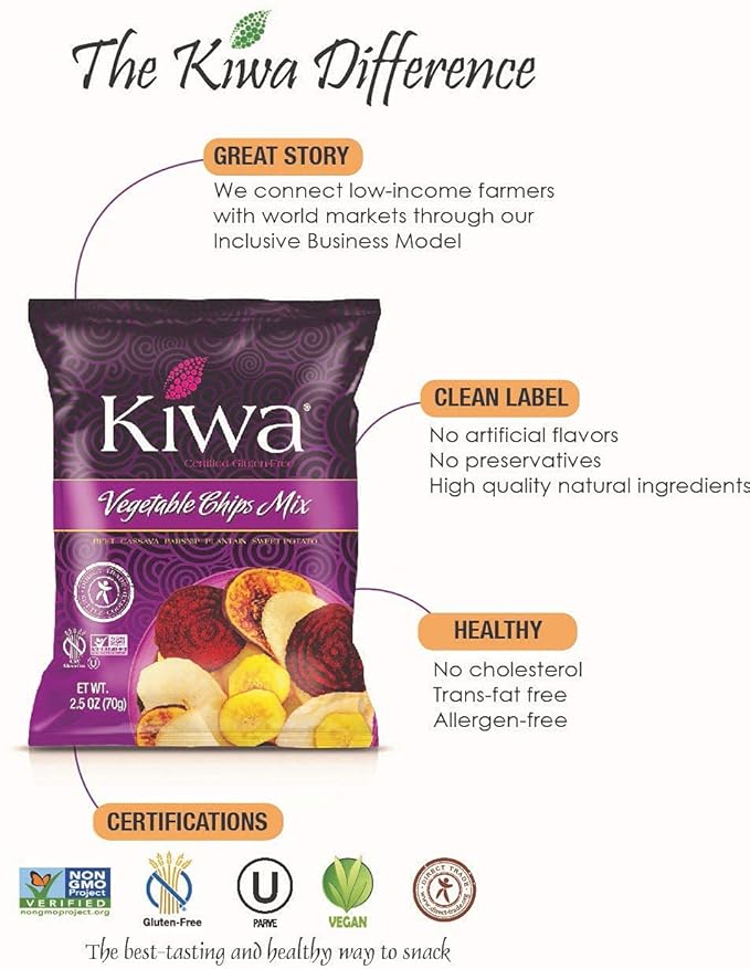 Kiwa Real Veggie Chips Healthy 2.5 Oz (Pack of 6) - Veggie Snacks with Plantain, Beet, Parsnip, Cassava, Sweet Potato - Gluten Free - Non-GMO Healthy Exotic Chips