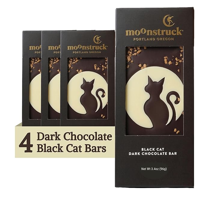 Moonstruck Chocolate Halloween Candy Black Cat Dark Chocolate Bar, 3.0oz (Pack of 4)