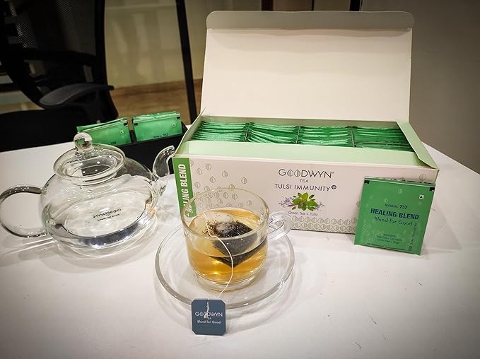 Goodwyn Tulsi, holy basil Tea with Ginger & Lemon | 100 Green Tea Bags | Low Caffeine, Sugar-Free Herbal Daily Tea | Plastic Free Individually Wrapped Tea Bags | Tulsi Tea Sampler Gift Set, Eco-Friendly, Indian Origin chai