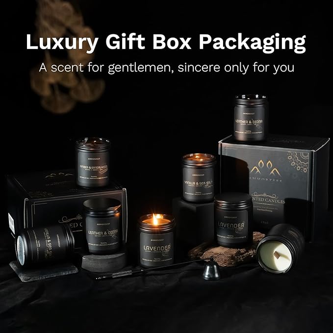 4 Pack Manly Scented Candles for Men Burn Time 200h Soy Candle Set for Home 7Oz Wood Wick Aromatherapy Candles for Relaxation Scented Leather Cedar/Lavender/Amber Sandalwood/Vanilla Candles