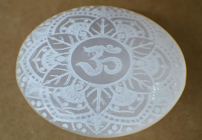 Amazing Gemstone Selenite Palm Stone - OM Engraved Hot Massage Worry Stone for Natural Body Chakra Balancing, Reiki Healing and Crystal Grid