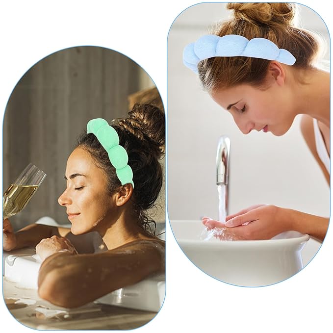 AMCAMI Puffy Spa Headband for Women Sponge Headbands for Girls 2 PCS Terry Towel Cloth Fabric Head Band for Skincare,Makeup Removal,Face Washing,Facial Mask,Shower,Hair Accessories(Blue&Light Green)