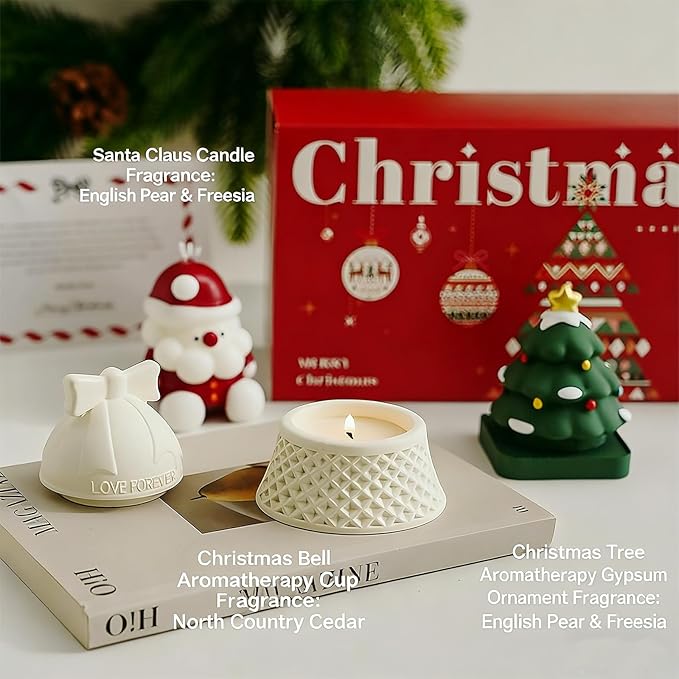 Christmas Candles, Handmade Christmas Aromatherapy Candle Gift Set-3 Piece Set with Santa Claus,Christmas Tree & Bell Shaped Candles, Ideal Holiday Gift for Family, Friends