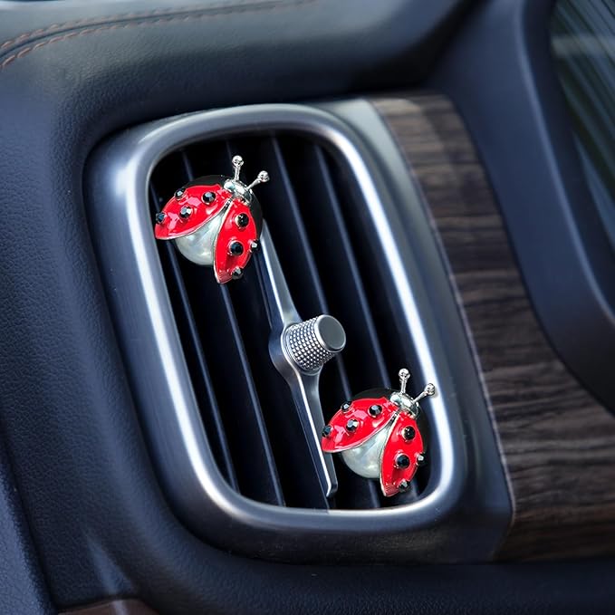 Ladybug Car Accessories,2pcs Lady Bug Air Vent Clips Car Air Fresheners,Refillable Animal Decoration Diffusers,Girly Rhinestone Dashboard Charms for Women Teens