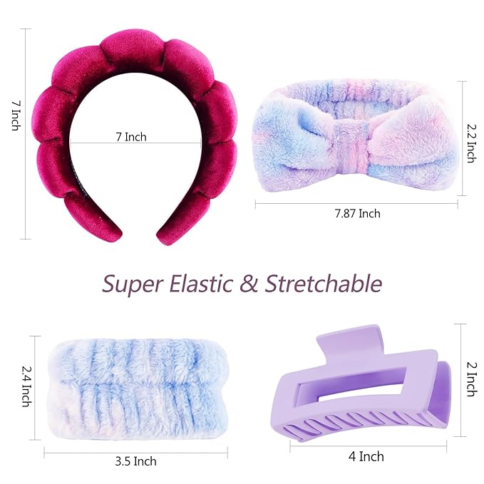 VELSCRUN Spa Headband, Makeup Face Wash Skincare Headbands, 5 Pcs Deep Purple Sponge Bow Tie Get Ready HairBand Facial Wristband Hair Clips Set, Stuff for Teen Girls Women Trendy Hair Accessories