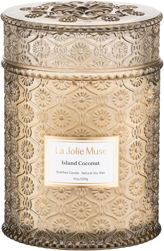 LA JOLIE MUSE Vanilla Coconut Candle – Coconut, Freesia & Vanilla | 19 oz Large Wooden Wick Candle | Natural Soy Wax | 90 Hours Clean Burn | Gift-Ready for Hosts & Gatherings | Elegant Home Décor