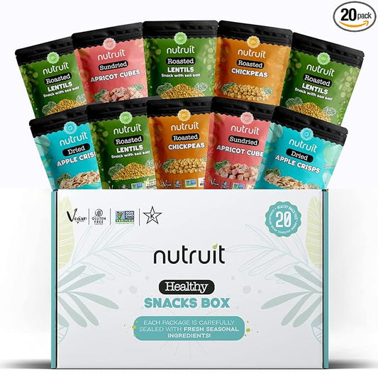Nutruit Gourmet Healthy Snacks - 20 Pack MINI Variety Box - Vegan, Gluten Free, Non-GMO Bulk Snacks with No Added Sugar - Kosher, High Protein, High Fiber, Plant-Based Healthy Snack - 1.2oz Packs